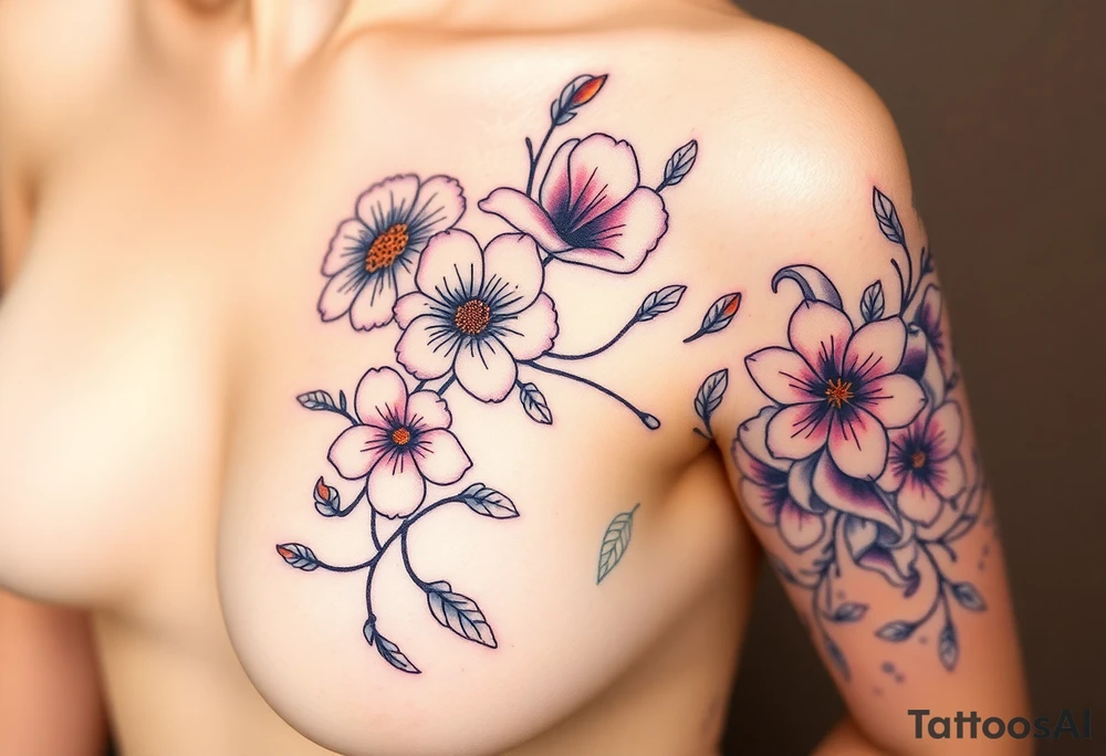 This tattoo is on a woman. It starts on her left side of the chest on the pectoral with a Glaiolus and Daisy together, then the tattoo rises over the left shoulder and down the arm and ends at the elbow. The tattoo will include a primroses, Calla Lilys, and Lillys. It will be light on color except in the petals and has light shading to make it pop. It will not wrap around the chest but rather bloom upwards from the pectoral and spill over the shoulder and down to the elbow. tattoo idea