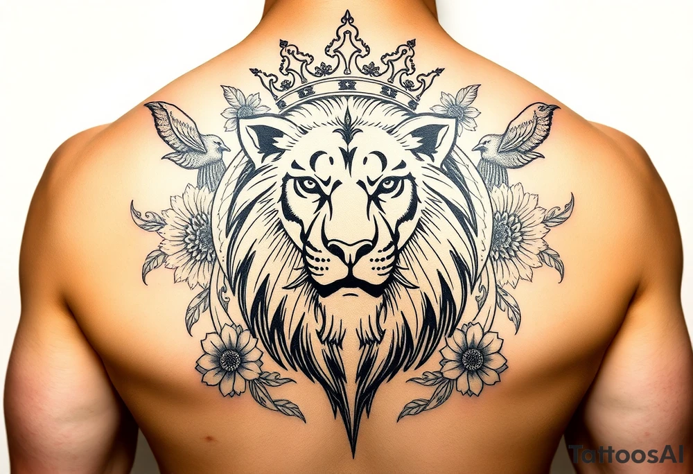 powerful majestic lion with a crown, surrounded by floral ornaments and birds tattoo idea