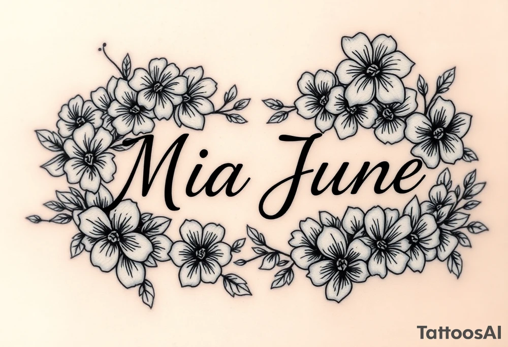 The name Mia June, surrounded by lots of flowers and shamrocks tattoo idea