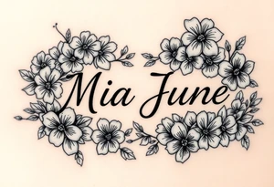 The name Mia June, surrounded by lots of flowers and shamrocks tattoo idea