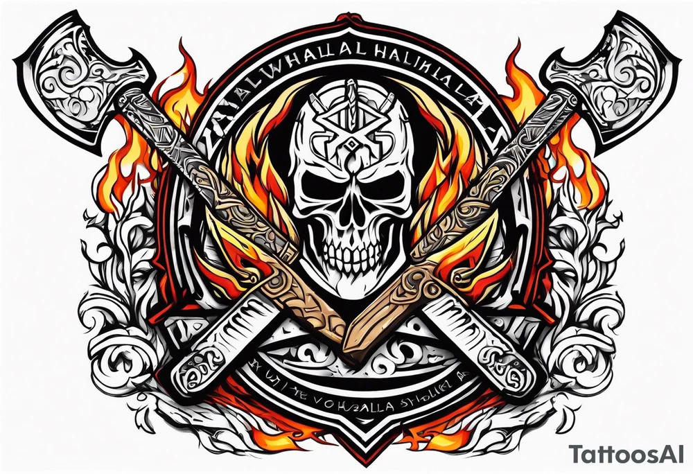 valhalla on fire sword shield axe warrior tattoo idea