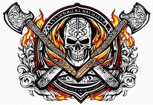 valhalla on fire sword shield axe warrior tattoo idea