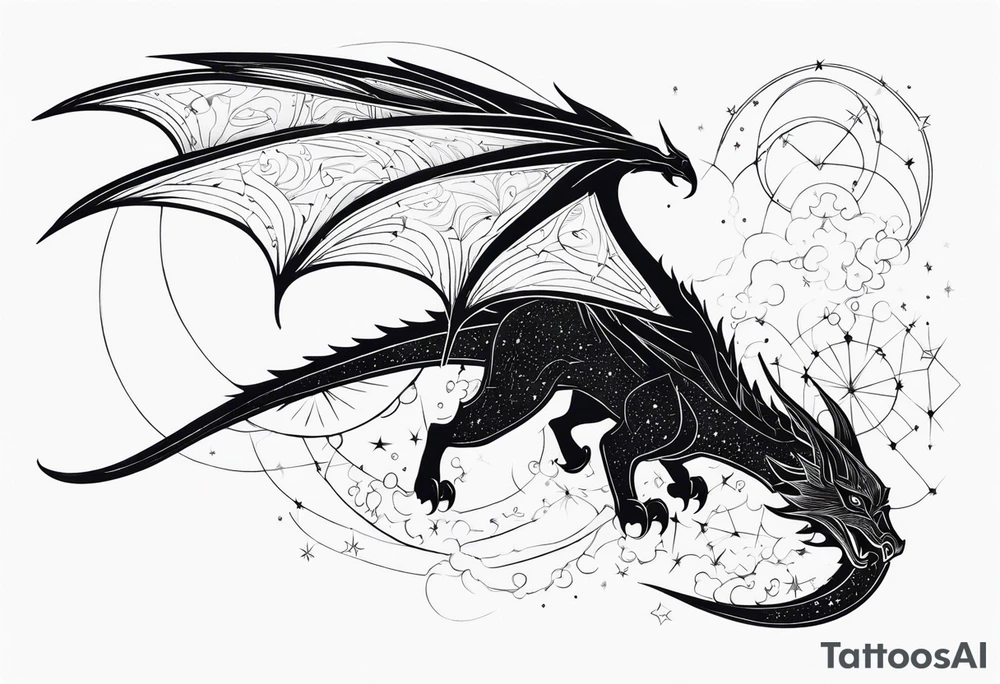 Elegant wyvern with fine lines on the background of the constellation elegant tattoo idea