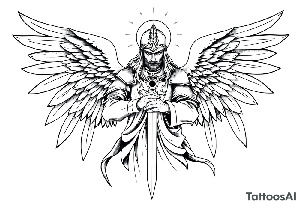 Holy Archangel, Biblical, Christianity, Hebrew, Guards of Christianity, Holding a sword, has six wings, wearing helmet, halo, seraphim tattoo idea