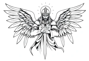 Holy Archangel, Biblical, Christianity, Hebrew, Guards of Christianity, Holding a sword, has six wings, wearing helmet, halo, seraphim tattoo idea