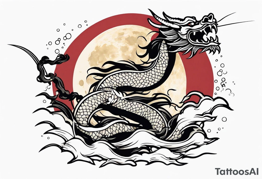 Japanese Dragon with a katana sword and the moon tattoo idea