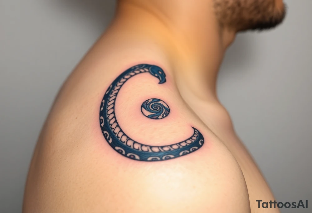 A blue and silver Ouroboros snake forming cyrcle, with cosmic patterns resembling a swirling galaxy within its body. tattoo idea