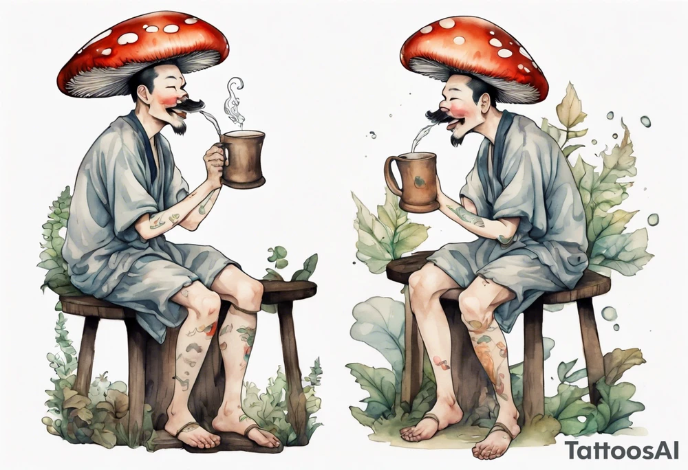a mushroom wearing a tunic sitting on a stool drinking from a wood mug, laughing tattoo idea