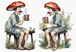 a mushroom wearing a tunic sitting on a stool drinking from a wood mug, laughing tattoo idea