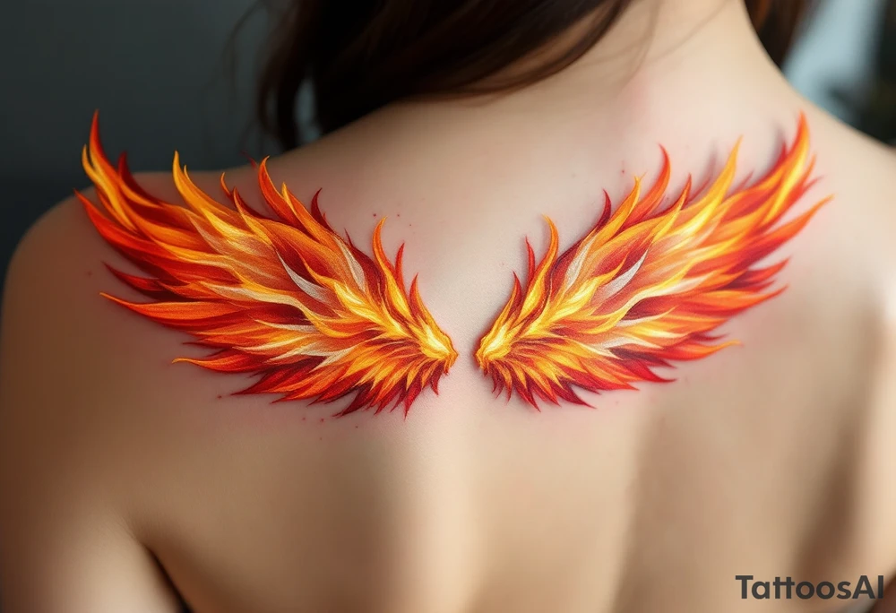 A pair of wings made from fire flames, transitioning from deep red at the base to golden yellow at the tips, symbolizing strength and courage. tattoo idea