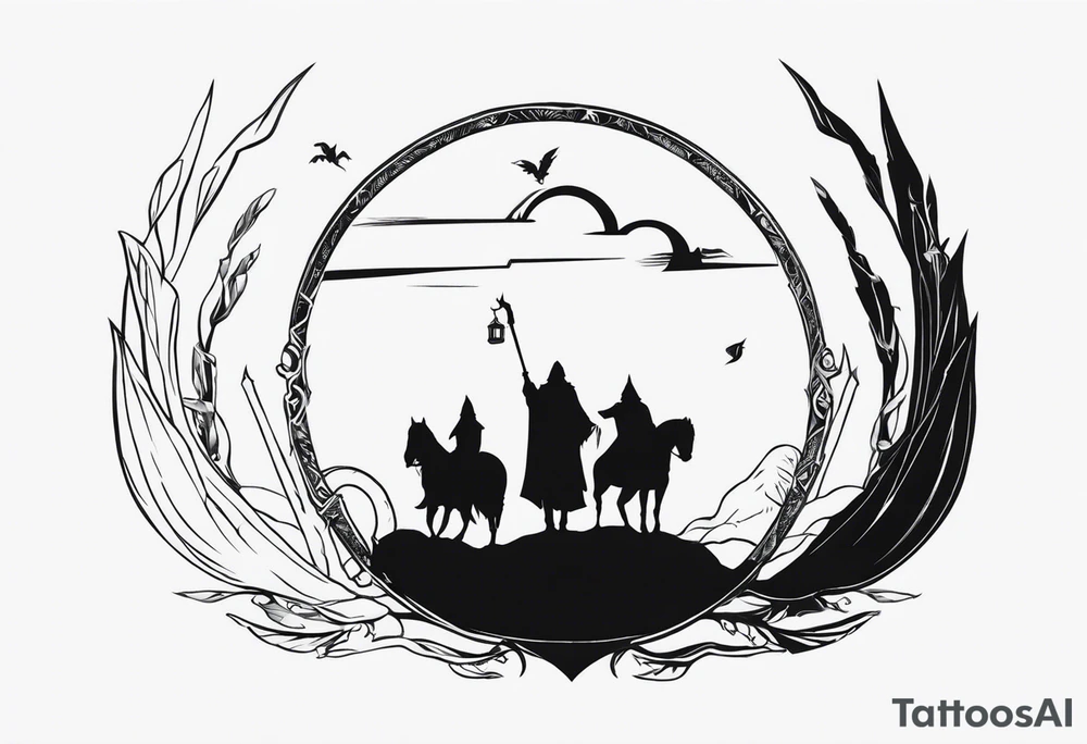 Lord of the rings main with Harry Potter mashup but clear independent visual symbolism of both movies. Small simple and minimal. Movies not books tattoo idea