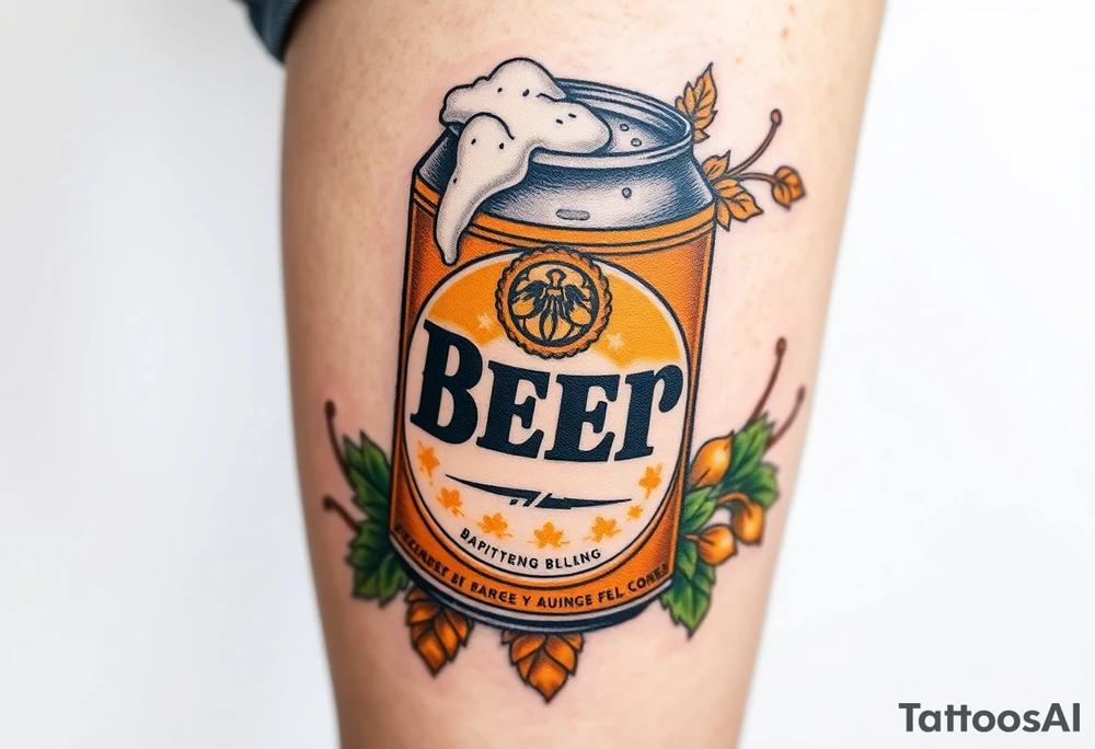 A vintage-style beer can with a retro label, featuring bold typography, a golden hop emblem, and subtle weathered textures. The can is slightly tilted, with frothy foam dripping over the top, and surrounded by barley stalks and hop vines in warm amber, deep green, and rustic brown tones tattoo idea