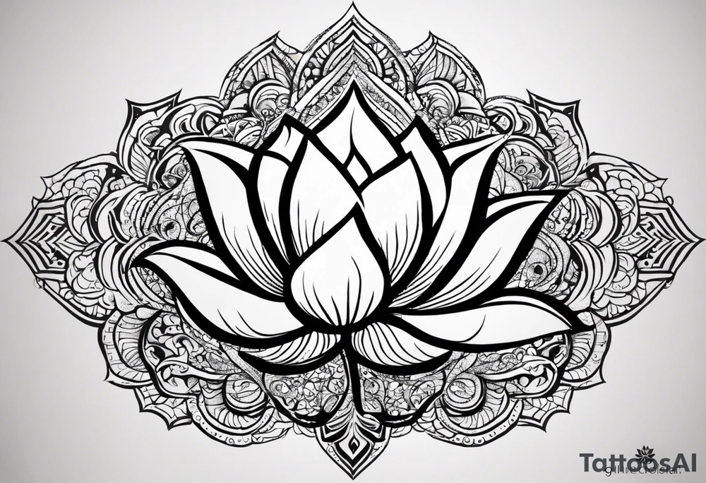 Make a tattoo of a lotus flower, stone, a science helix and a Greek delta in the shape of a lotus flowe that will take up the upper left portion of my back. the lotus’s leaves a rocky area to symbolize strength, a helix to symbolize resiliency and a Greek delta to symbolize transformation. The tattoo should overall represent resiliency and strength and present a strong, firm foundation that displays strength in the face of trauma. Make sure to also be able to identify the rock, the helix and the delta symbol separately and not mixed together as each element is important tattoo idea
