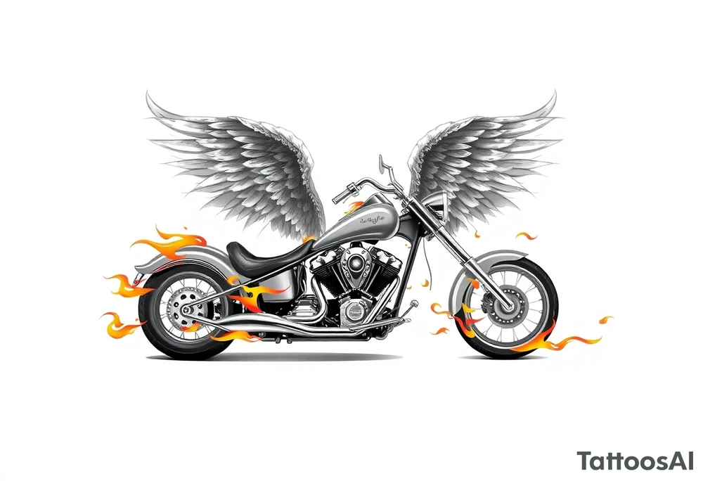 Low rider grey motorcycle, flames, angel wings tattoo idea
