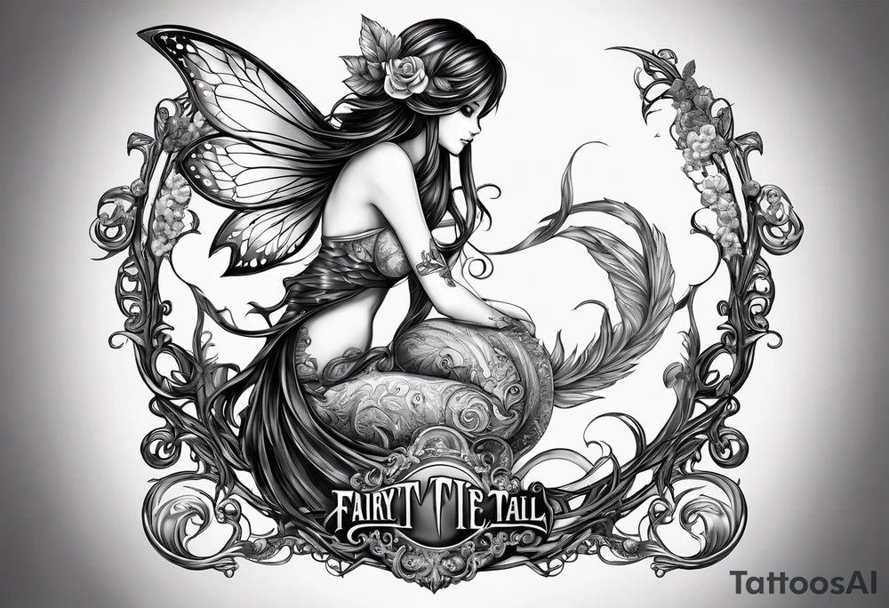 A fairy with a tail inspired by the logo of the show called Fairy Tail in a fetal position leaning in tattoo idea