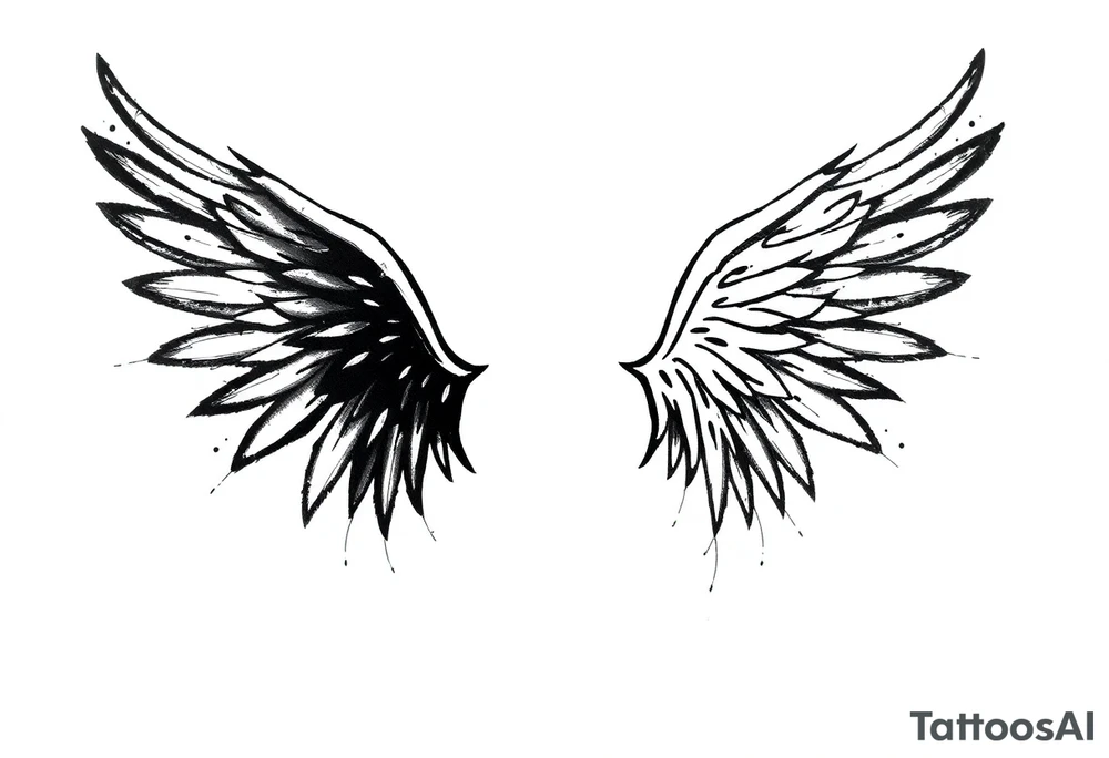 the wings go up

This tattoo design features a pair symmetrical angel wings drawn in black ink with a rough, sketch-like style. The left wing is darker, more defined, and appears denser, while the right wing is lighter, more delicate, and fragmented, creating a contrast between the two. The feathers are sharp and irregular, with fine lines and stray strokes extending outward, adding a raw and artistic feel. The overall look is dynamic and slightly chaotic, giving the impression of movement or an unfinished, ethereal form. This design symbolizes duality, freedom, transformation, or even struggle, making it a meaningful and visually striking tattoo. tattoo idea