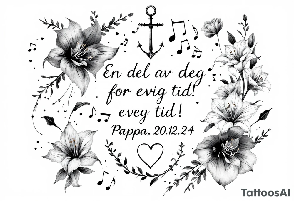 Quote in two rows; En del av deg for evig tid! Pappa, 20.12.24. Surround the quote with long gladioluses, music notes, hearts and an anchor tattoo idea