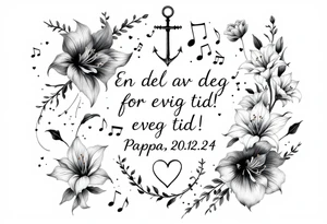 Quote in two rows; En del av deg for evig tid! Pappa, 20.12.24. Surround the quote with long gladioluses, music notes, hearts and an anchor tattoo idea