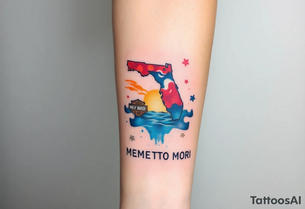 colorful futuristic memory tattoo for passed boyfriend; Florida, gulf coast water, Harley Davidson, skateboarding, puzzle pieces, video games, heaven, god, outdoors, guns, disc golf, words "MEMENTO MORI" tattoo idea