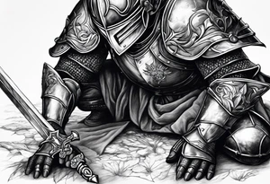 Wounded knight on his knees in battlefield tattoo idea
