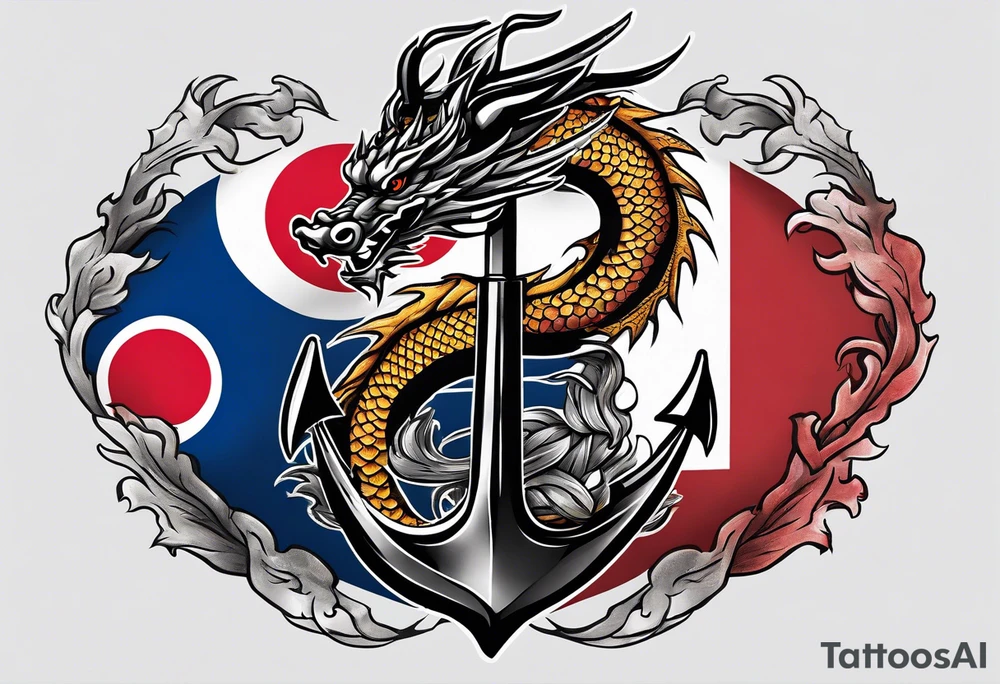 Asian dragon wrapping around an anchor centered on the Korean flag tattoo idea