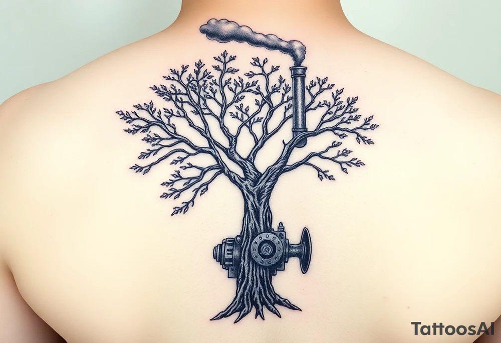 tree growing out of a v shaped 
engine with a smoke stack coming out of the top of the tree billowing black smoke with a steam punk vibe tattoo idea