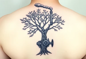 tree growing out of a v shaped 
engine with a smoke stack coming out of the top of the tree billowing black smoke with a steam punk vibe tattoo idea