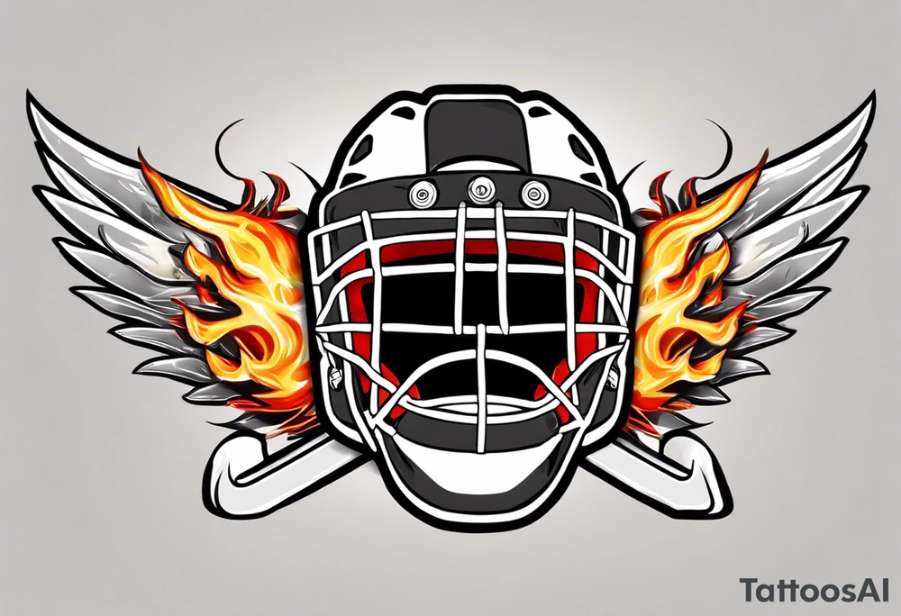 hockey puck with flaming wings and a goalie mask that says "SHOT HOCKEY" tattoo idea