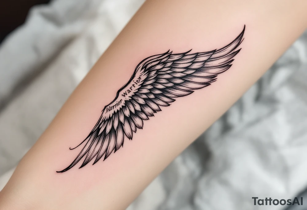 beautiful strong angel wing with word "Warrior" tattoo idea