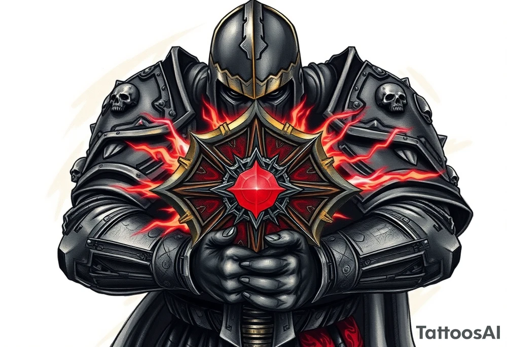 Warhammer, the Old World. A warrior priest of Sigmar holding The Warhammer of Sigmar. The Warhammer of Sigmar is radiating thunderous energy. The Warhammer is held by the warrior priest with both hands upon his chest level. The Warrior priest is wearing dark alloyed heavy armour (reference armor from warhammer vermintide 2 Victor Saltzpyres, the warrior priest of Sigmar class) with skull sigils on his shoulder pads. The warrior priest is wearing a helmet, while the helmets front visor has an humanoid face covering. The helmet and armour are gladened with hints of gold and crimson red. tattoo idea