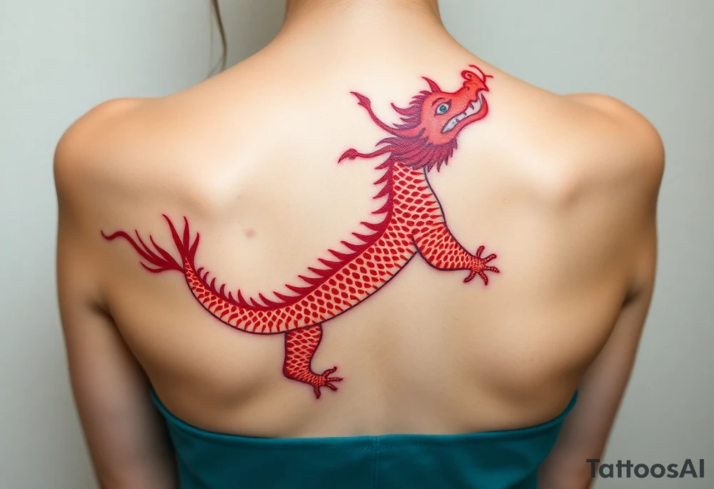 Big long red chinese dragon along spine tattoo idea