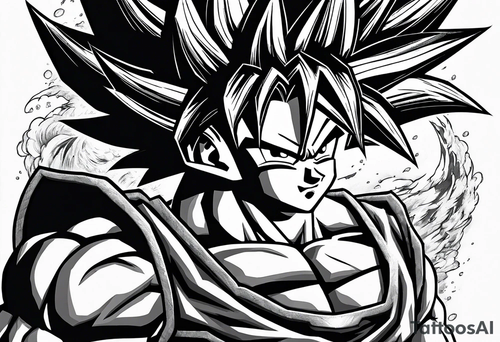 Goku from dragon ball z shooting off a Kamehameha and underneath that a Portrait of his child hood home and underneath that a Portrait of his wife chi-chi in her fighting outfit tattoo idea