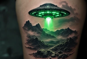 A UFO hovering over a realistic landscape, casting a green glow in deep black, luminescent green, and subtle silver tones. tattoo idea