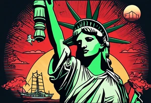 the statue of liberty with a skull for a face, and green dollar signs for eyes, with a red sun behind it with birds flying towards it tattoo idea