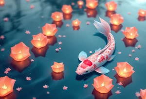 Pink Koi with Floating Lanterns – A soft pink koi surrounded by glowing orange paper lanterns on water, evoking peace, hope, and remembrance. tattoo idea