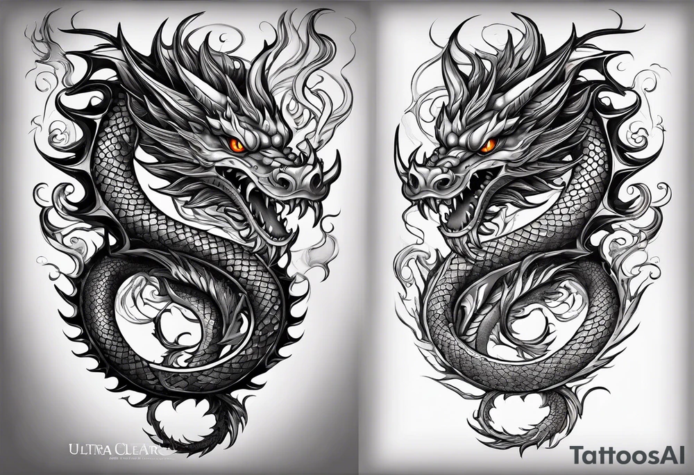 An ornate dragon breathing fire, with intricate scales and a fierce expression, symbolizing power and protection.” tattoo idea