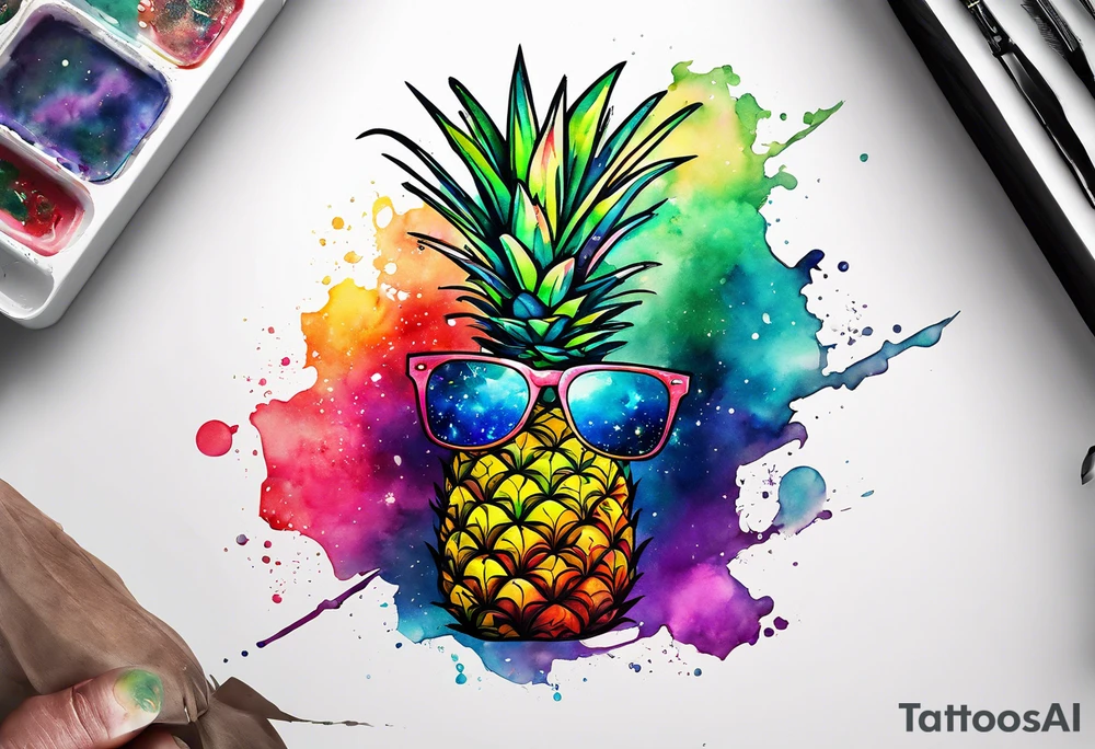 Broken glass watercolour tattoo, pineapple stag, Amsterdam, Amsterdam buildings, Amsterdam canal, space colours, galaxy colours, pineapples tattoo idea