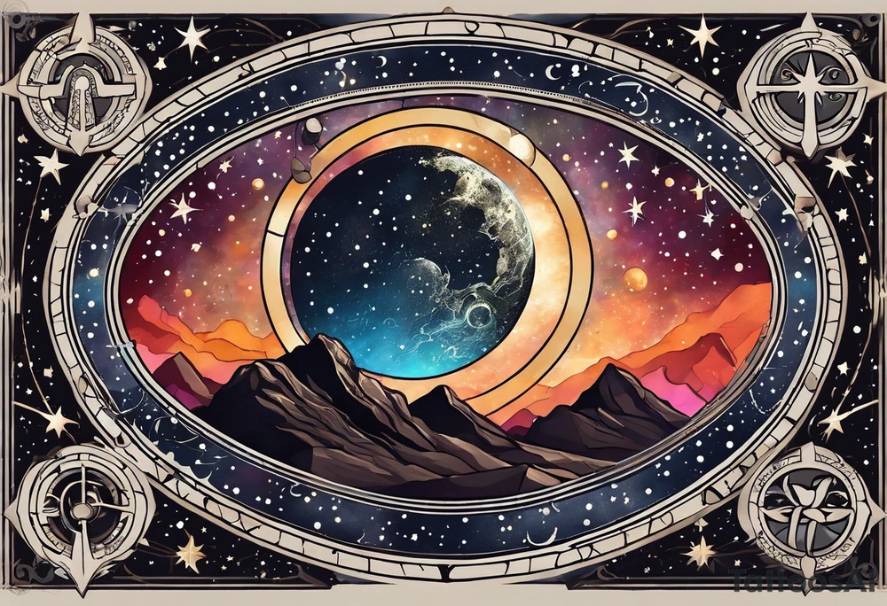 Matter, energy, space and time with an old stone theta symbol with stars in the background and Scorpio constellation tattoo idea