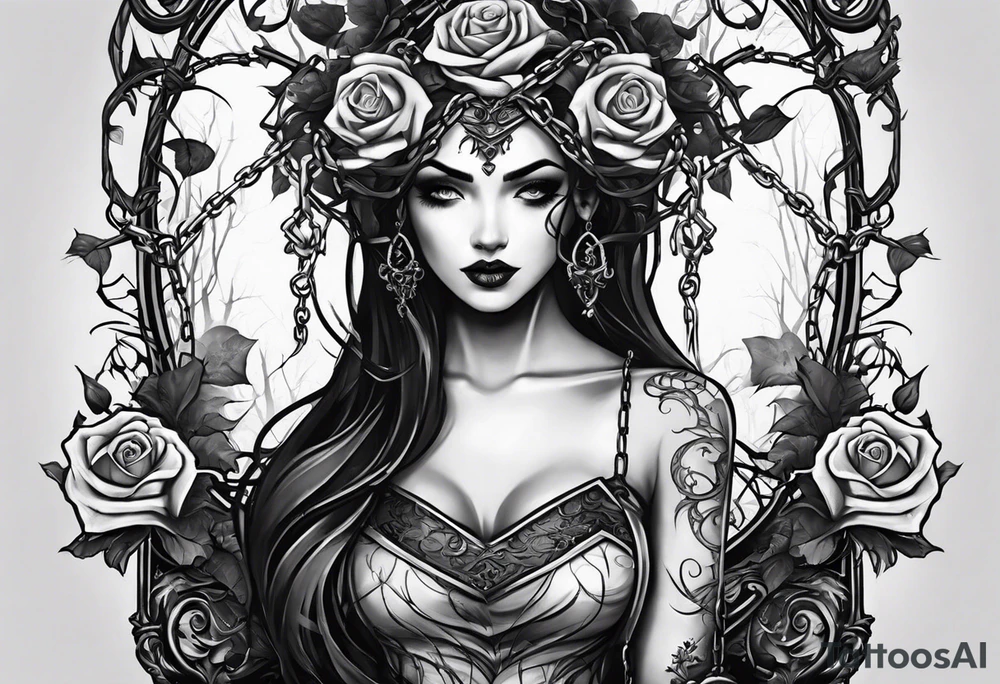 tattoo fool sleeve, dark gothic castle, tree roots break out of the chains, broken mask, girl, roses tattoo idea