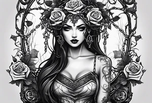 tattoo fool sleeve, dark gothic castle, tree roots break out of the chains, broken mask, girl, roses tattoo idea