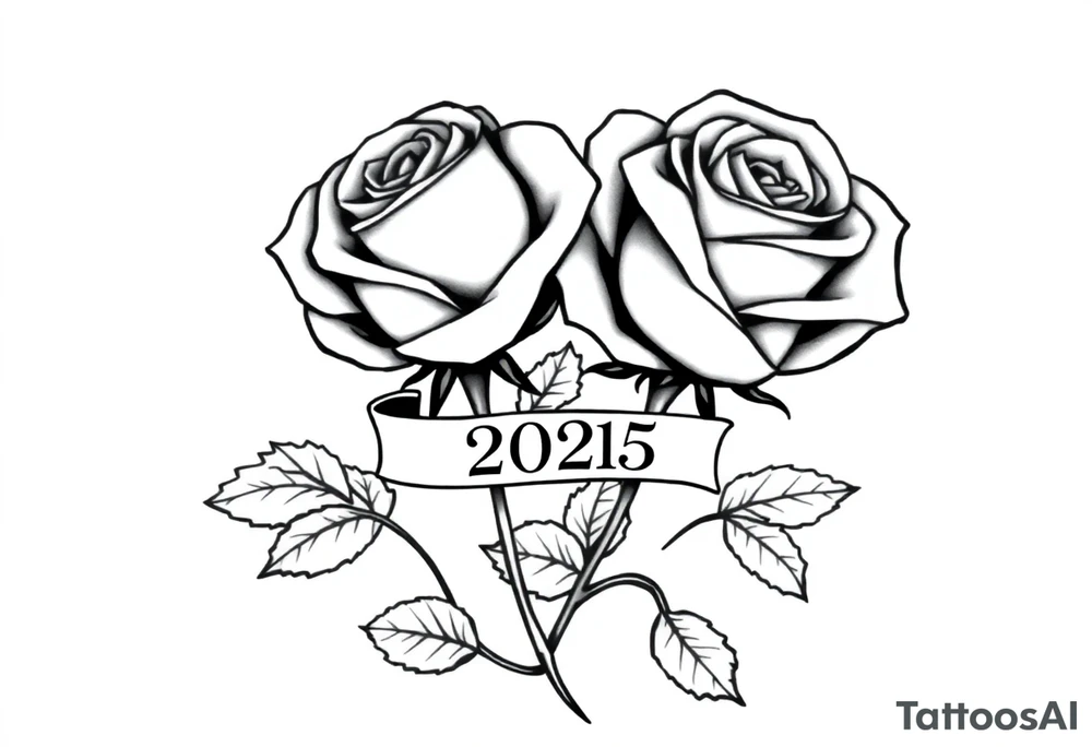 two beautiful large rose buds, one larger than the other, with many leaves next to the rose buds, with one sitting higher than the other. Include a banner connecting the two roses with the year "2025" on it.   Use dark outlines with little shading. The two stems should be short, not long, and connect and join into one stem, whimsically curved or twisted - not straight down. tattoo idea