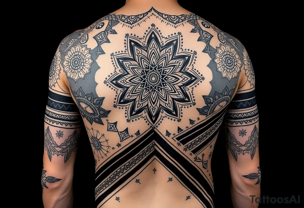 Blackwork geometric full body tattoo design on a male body, 
large-scale ornamental patterns, different geometric fill patterns 
in each body zone, massive black areas with fine geometric cutouts, 
central mandala on back, spiral black bands wrapping around thighs, 
dotwork floral star patterns alternating with 3D cube hexagon patterns, 
diagonal black dividing bands, organic transitions between zones, 
no horizontal stripes, no gradients, pure black ink on skin tone, 
high contrast, professional tattoo photography, dark studio background, 
photorealistic tattoo idea