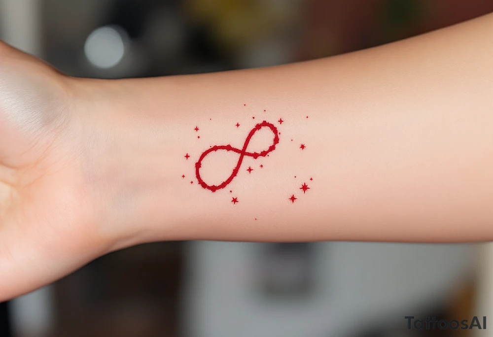 A Virgo  in crimson red centers the arm with delicate white stars constelltion orbiting in its form. tattoo idea