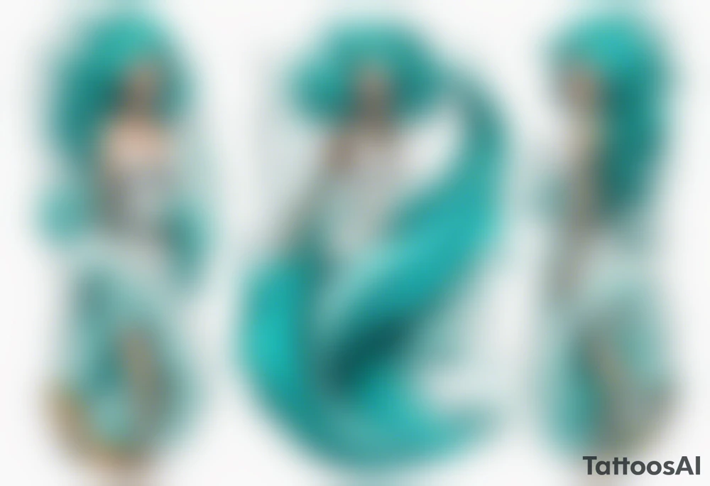 a tall woman made of water with turquoise hair riding the waves tattoo idea