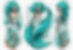 a tall woman made of water with turquoise hair riding the waves tattoo idea