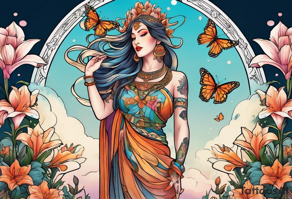 Forward-facing, portrait full length of creation goddess standing upright.  Butterflies. Lillies at feet. Arms raised and hands cupped towards sky. tattoo idea