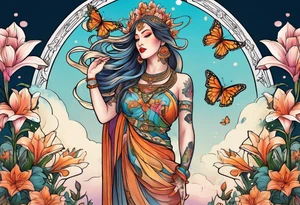 Forward-facing, portrait full length of creation goddess standing upright.  Butterflies. Lillies at feet. Arms raised and hands cupped towards sky. tattoo idea