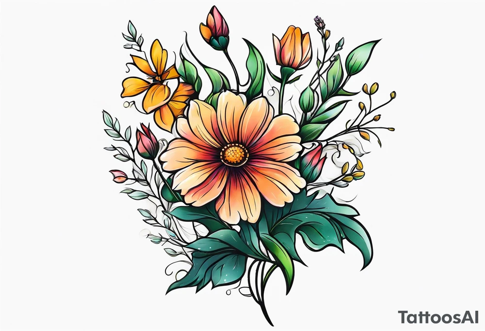 simple long stem wildflower bouquet tattoo idea
