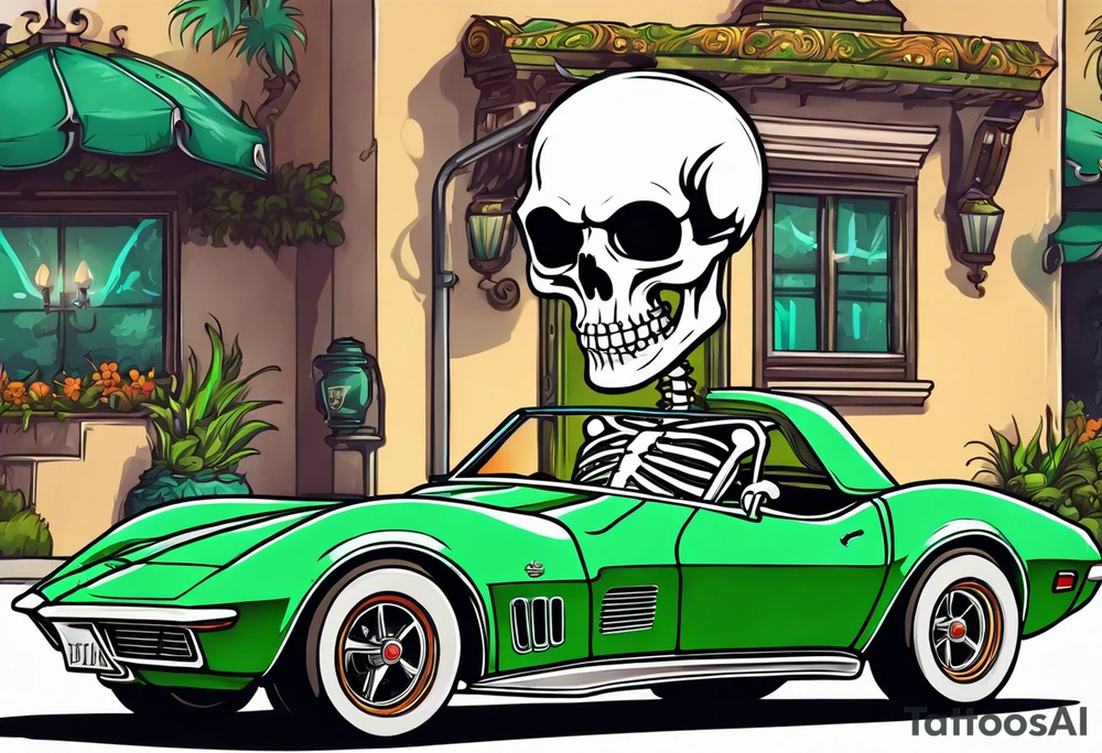 Skeleton smoking a cigarette driving a green 1976 convertible Corvette tattoo idea