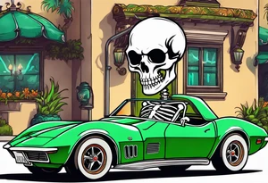 Skeleton smoking a cigarette driving a green 1976 convertible Corvette tattoo idea